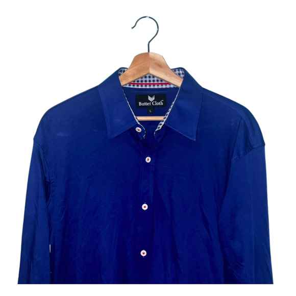 Butter Cloth Shirt Large Blue Button Up Icy Cotton Flip Cuff Stretch Performance - Picture 2 of 7